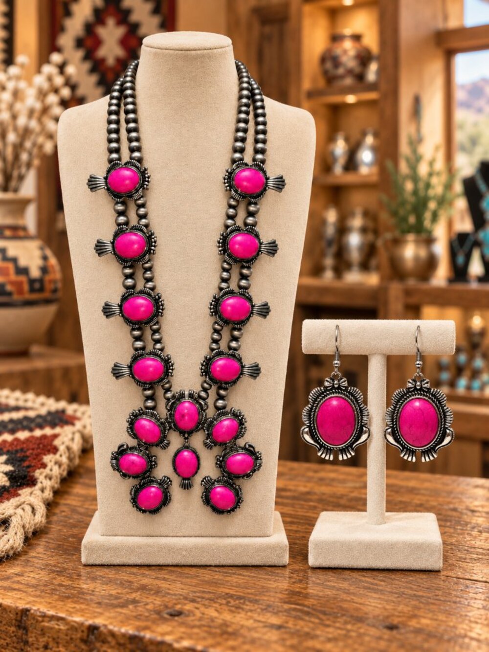 Oversized Squash Blossom Pink Turquoise Jewelry Set